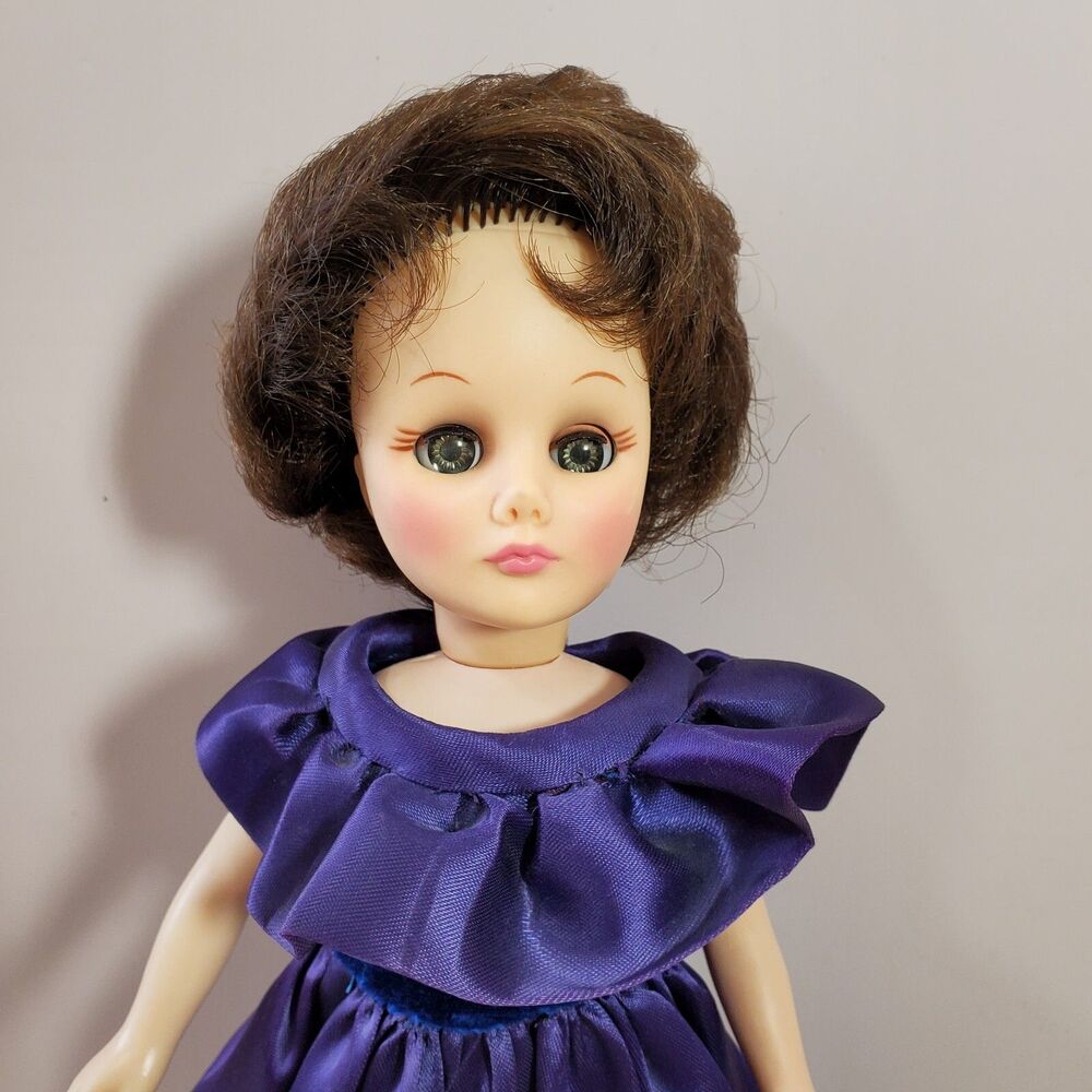 Vintage Effanbee Fashion Doll 11.5" Brunette Bubble Blue Eye Purple Dress 1976